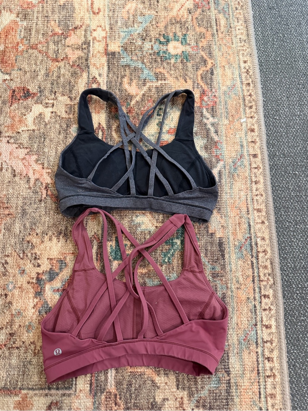 Lululemon sports bras, gray and red